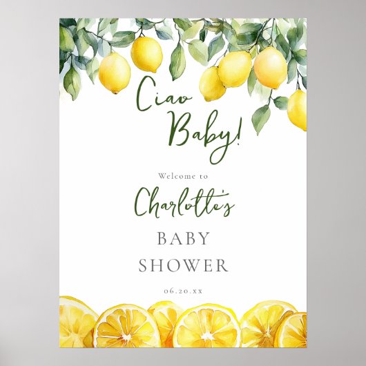 Ciao Baby Lemon Citrus Baby shower Welkomstbord Poster (Voorkant)