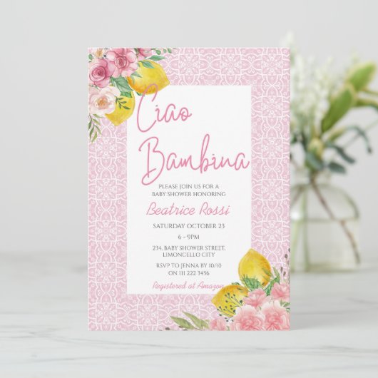 Ciao Baby Lemon Meisje Roze Italiaans Baby shower Kaart (Staand voorkant)