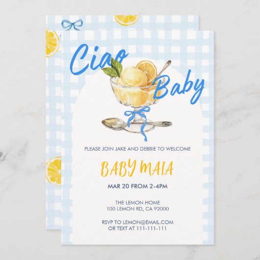 Ciao Baby Lemon Sorbet Baby shower Uitnodiging (Voorkant / Achterkant)