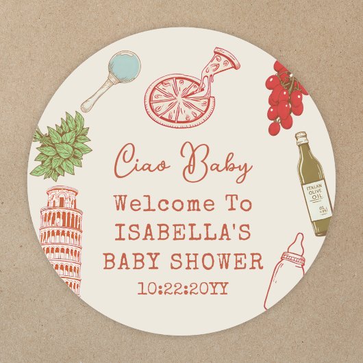 Ciao Baby Line Art Italian Pizza Baby Shower Ronde Sticker