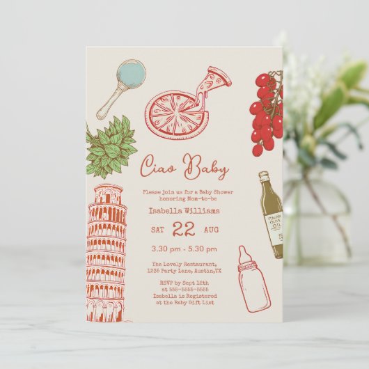 Ciao Baby Line Work Italian Pizza Baby Shower Kaart (Staand voorkant)