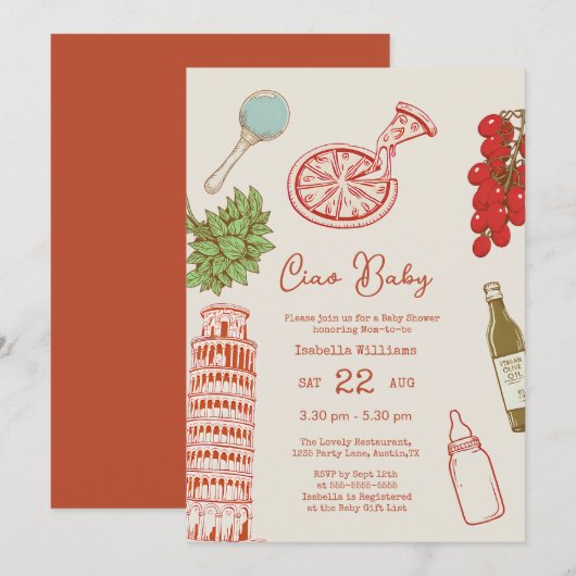 Ciao Baby Line Work Italian Pizza Baby Shower Kaart (Voorkant / Achterkant)