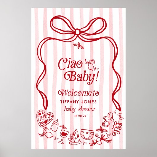 Ciao Baby Red Bow Italiaans Baby shower Welkomstbo Poster (Voorkant)