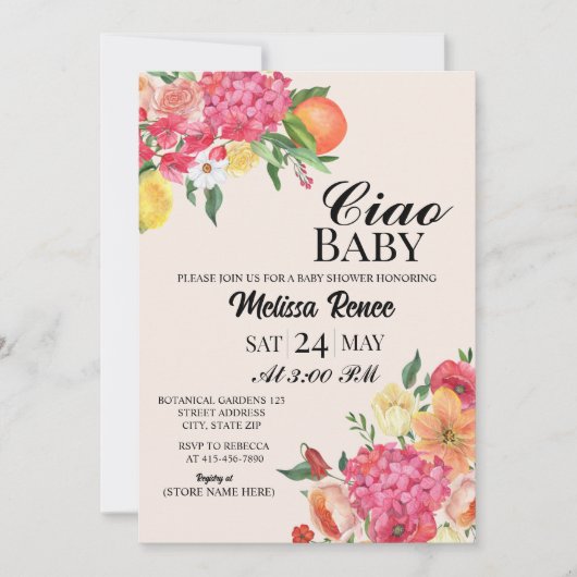 Ciao Baby shower Bloemen Uitnodiging (Voorkant)