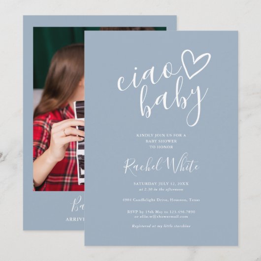 Ciao Baby shower Hart Stoffig Blauw Minimalistisch Kaart (Voorkant / Achterkant)