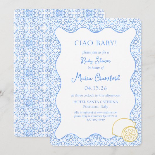 Ciao Baby shower Italiaans Mediterraan Citroenblau Kaart (Voorkant / Achterkant)