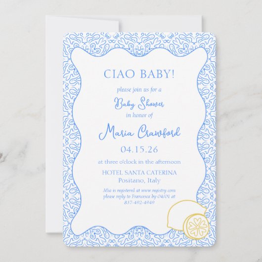 Ciao Baby shower Italiaans Mediterraan Citroenblau Kaart (Voorkant)