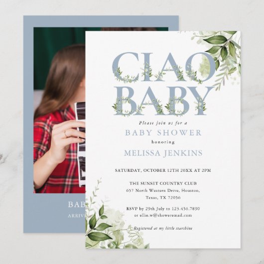 Ciao Baby Stof Blauw Groene Foto Baby Shower Kaart (Voorkant / Achterkant)