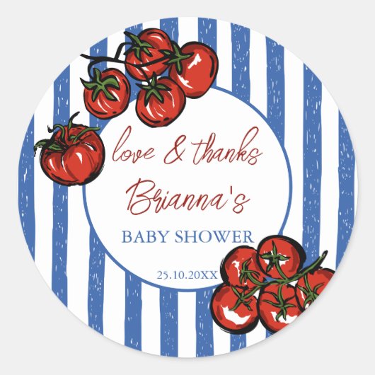 Ciao baby tomato blue Italian baby shower favor Ronde Sticker (Voorkant)