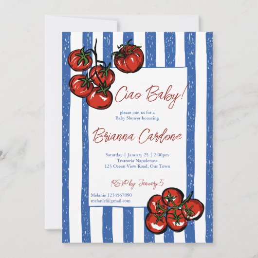 Ciao baby tomato blue stripes Italian baby shower Kaart (Voorkant)