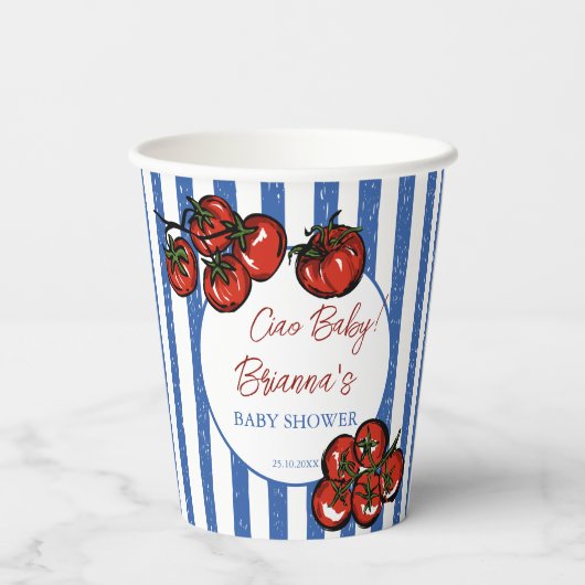 Ciao baby tomato blue stripes Italian baby shower Papieren Bekers (Achterkant)