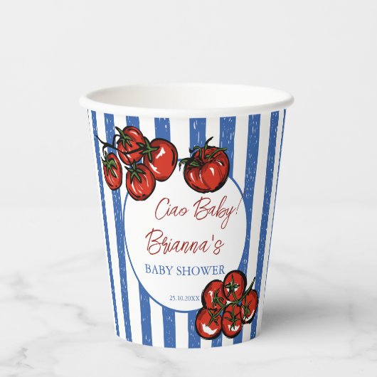 Ciao baby tomato blue stripes Italian baby shower Papieren Bekers (Voorkant)