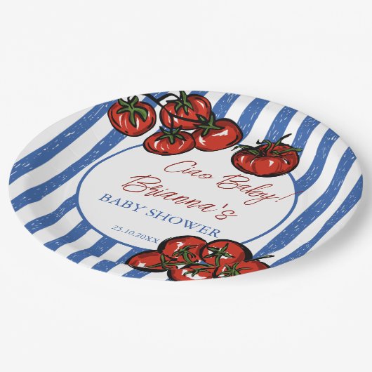 Ciao baby tomato blue stripes Italian baby shower Papieren Bordje (Gekanteld)