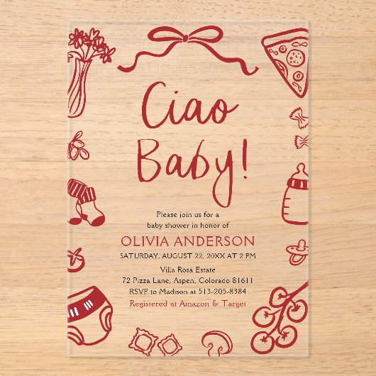 Ciao Baby Whimsical Italian Pizza Schattige Baby s Acryl Uitnodigingen (Voorkant)