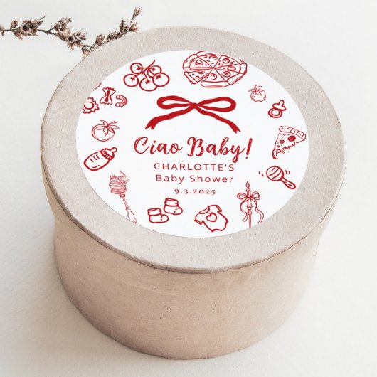 Ciao Baby Whimsical Red Bow Baby Shower Ronde Sticker