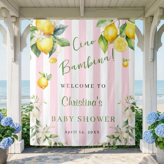 Ciao Bambina Baby Shower Pink Lemons Backdrop Wandkleed
