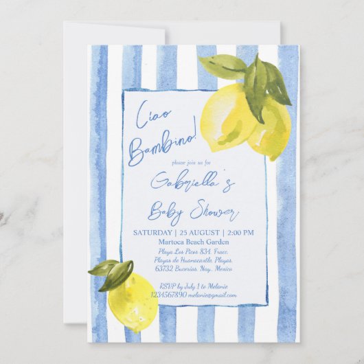 Ciao Bambino blauwe strepen citroenen baby shower Kaart (Voorkant)
