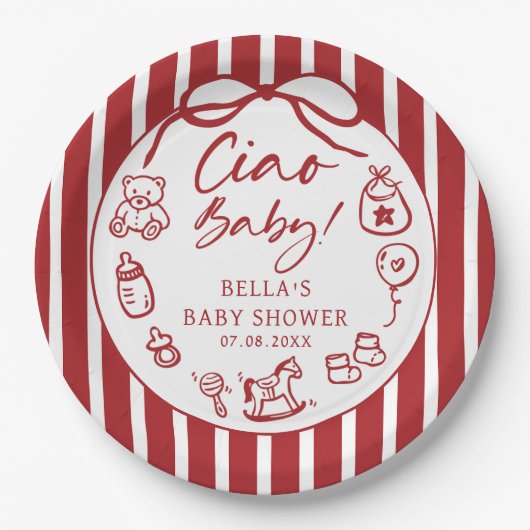 Ciao Bambino Italiaans geïllustreerd Baby shower Papieren Bordje (Voorkant)