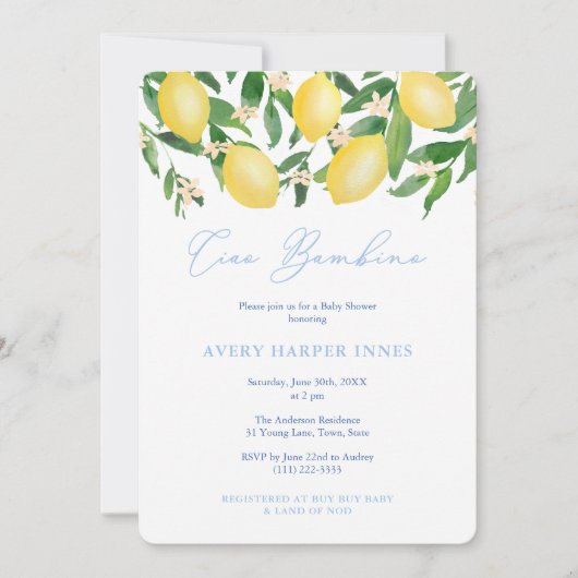 Ciao Bambino Italiaanse Lemons Boy Baby shower Par Kaart (Voorkant)