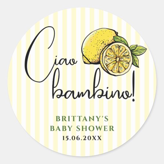 Ciao Bambino Lemon Italiaans Zomer Baby shower Ronde Sticker (Voorkant)