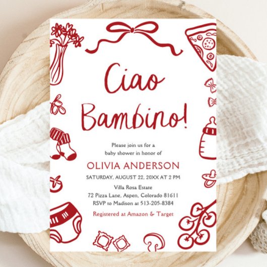 Ciao Bambino Whimsical Italian Pizza Baby shower Kaart