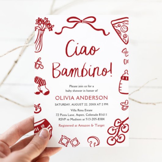Ciao Bambino Whimsical Italian Pizza Baby shower Kaart