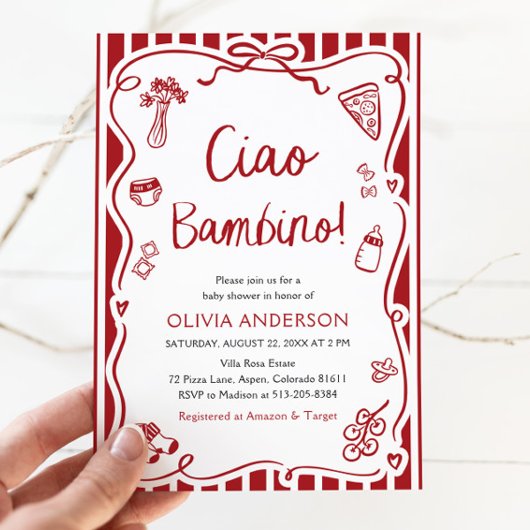 Ciao Bambino Whimsical Italian Pizza Baby shower Kaart