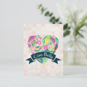 Ciao Bella Cute Floral Heart over roze cirkels Briefkaart (Staand voorkant)