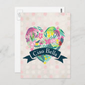 Ciao Bella Cute Floral Heart over roze cirkels Briefkaart (Voorkant / Achterkant)