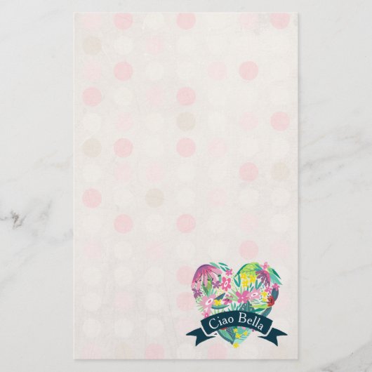 Ciao Bella Cute Floral Heart over roze cirkels Briefpapier (Voorkant)