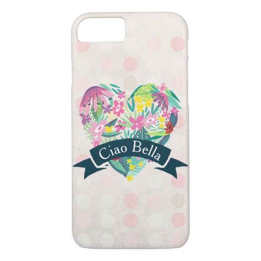 Ciao Bella Cute Floral Heart over roze cirkels Case-Mate iPhone Case (Achterkant)