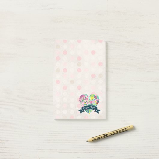 Ciao Bella Cute Floral Heart over roze cirkels Post-it® Notes (Op bureau)