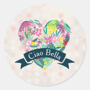 Ciao Bella Cute Floral Heart over roze cirkels Ronde Sticker