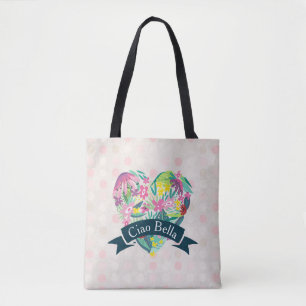 Ciao Bella Cute Floral Heart over roze cirkels Tote Bag