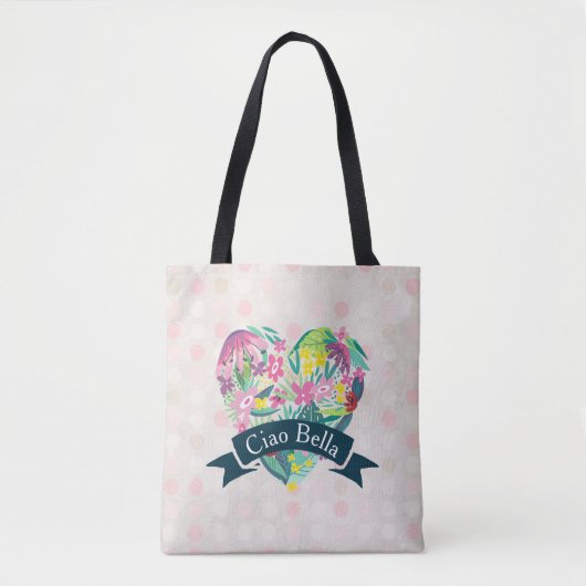 Ciao Bella Cute Floral Heart over roze cirkels Tote Bag (Voorkant)