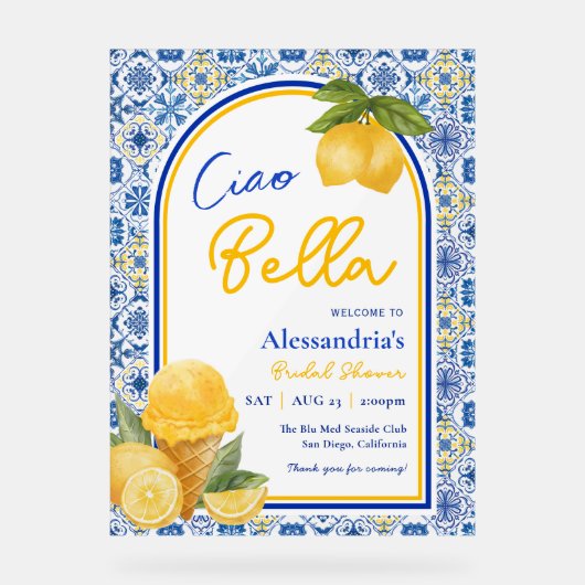 Ciao Bella Italiaans Tegel Lemon Gelato Vrijgezell Acryl Bord (Voorkant)