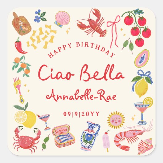 Ciao Bella Italiaanse verjaardag Aangepaste naam Vierkante Sticker (Voorkant)