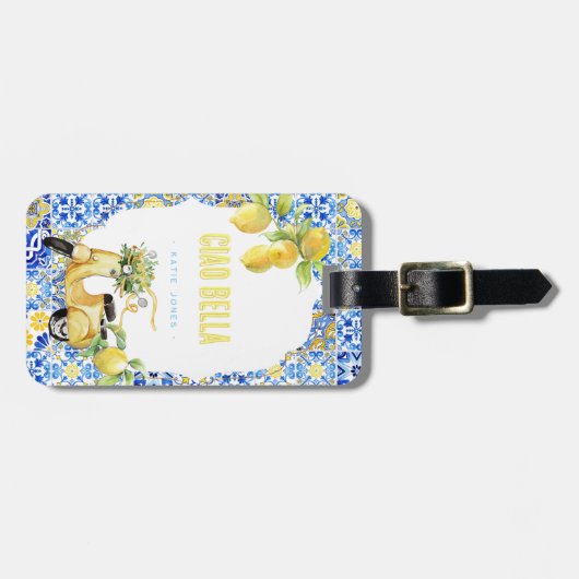 Ciao Bella | Mediterrane Tegel Citroenmonogram Bagagelabel (Voorkant horizontaal)