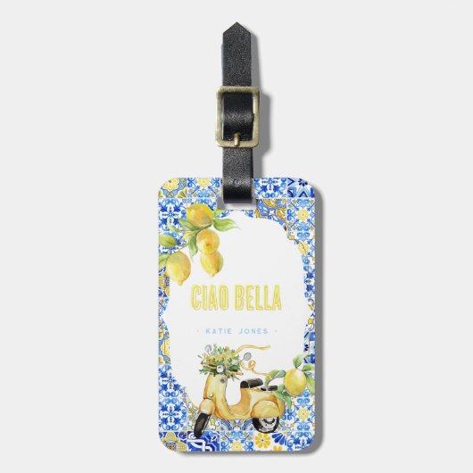 Ciao Bella | Mediterrane Tegel Citroenmonogram Bagagelabel (Voorkant verticaal)