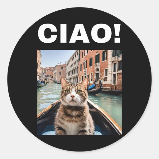 Ciao Funny Gondolier kat op een Venetiaanse gondel Ronde Sticker (Voorkant)