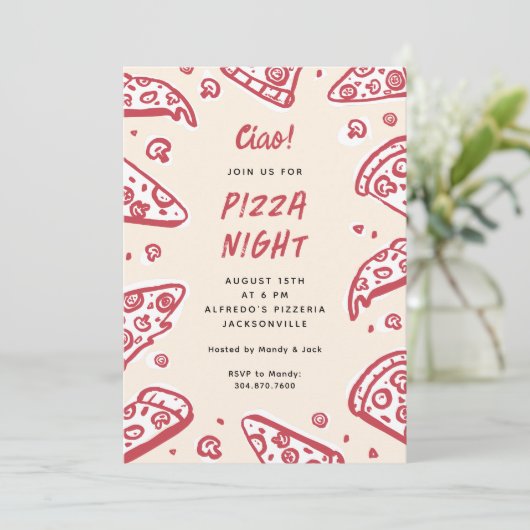 Ciao Red Hand-Drawn Pizza Night Party Kaart (Staand voorkant)