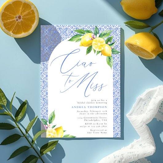 Ciao to Miss Lemon Italian Blue Tile Bridal Shower Kaart