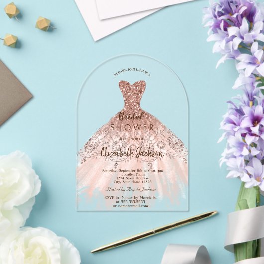 Cic Roze Gouden Glitter Jurk, Bruidsmeisje Acryl Uitnodigingen (Insitu (Huwelijk))