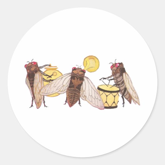 Cicada Band met Gong, Trumpet en Drum Ronde Sticker (Voorkant)