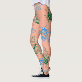Cicada Botanical Illustration Pattern Coral Pink Leggings