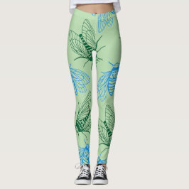 Cicada Botanical Illustration Pattern Green  Leggings