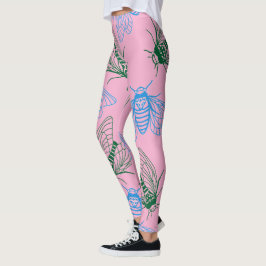 Cicada Botanical Illustration Pattern Pink Leggings