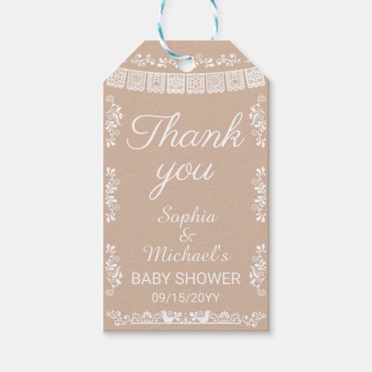 Cielito Lindo Beige Papel Picado Baby Shower Cadeaulabel (Voorkant)