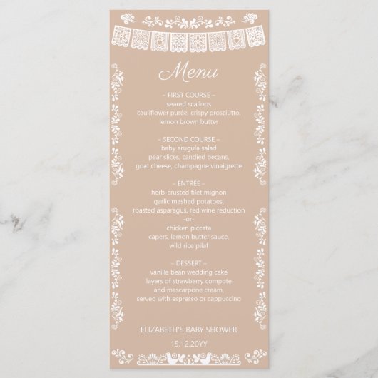 Cielito Lindo Beige Papel Picado Baby Shower Menu (Voorkant)