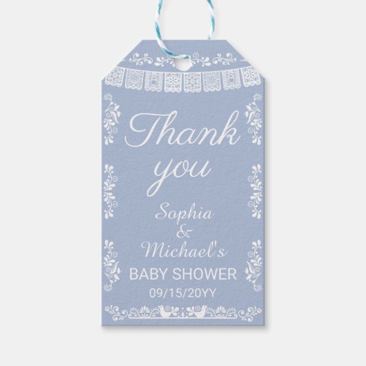 Cielito Lindo Blue Papel Picado Baby Shower Cadeaulabel (Voorkant)